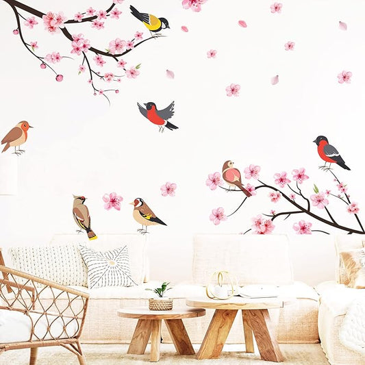 Pink Cherry Blossom Wall Decals, Flying Bird Wall Stickers, Flower and Tree Branch Wall Decor, Removable Vinyl Wall Decor Mural Art for Baby Nursery Bedroom & Living Room Sofa TV Backdrop Decoration