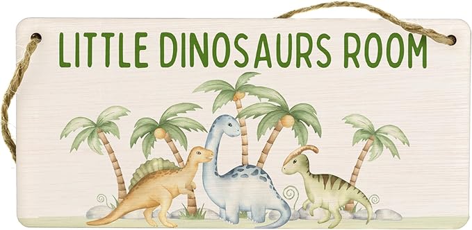 Dino Adventure Plywood Hanging Sign - Full Colour Kids Room Décor - Reads 'Little Dinosaurs Room' - Cute Dinosaur Theme Nursery & Door Sign, Silver