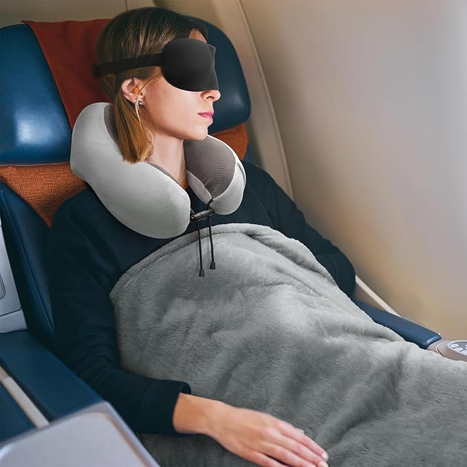 Travel Pillow and Blanket Set Neck Pillows Travel Essentials with Sleep Mask for Airplane Car Memory Foam Grey