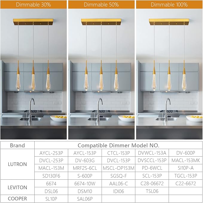 LMQNINE 3 Light Gold Pendant Light Ceiling Dimmable LED Modern Kitchen Light Fixtures Mini Teardrop Crystal Pendant Light for Kitchen Island Bedroom Hallway Entryway
