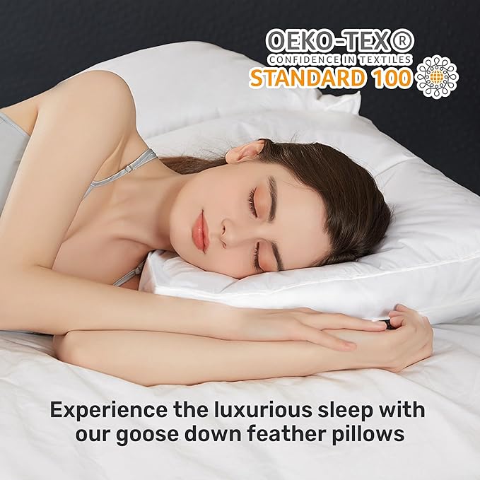 UNIKOME Goose Down Feather Pillows with 100% Cotton Cover, Set of 2 Gusseted Bed Hotel Collection Pillows for Sleeping, Queen Size