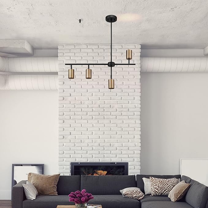 Globe Electric 64000049 4-Light Adjustable Height Geometrical Track Lighting, Matte Black, Matte Brass Accents, Ceiling Light, Pivot Shades, Track Ceiling Light, 4 Bulb Kitchen Light, GU10 Socket