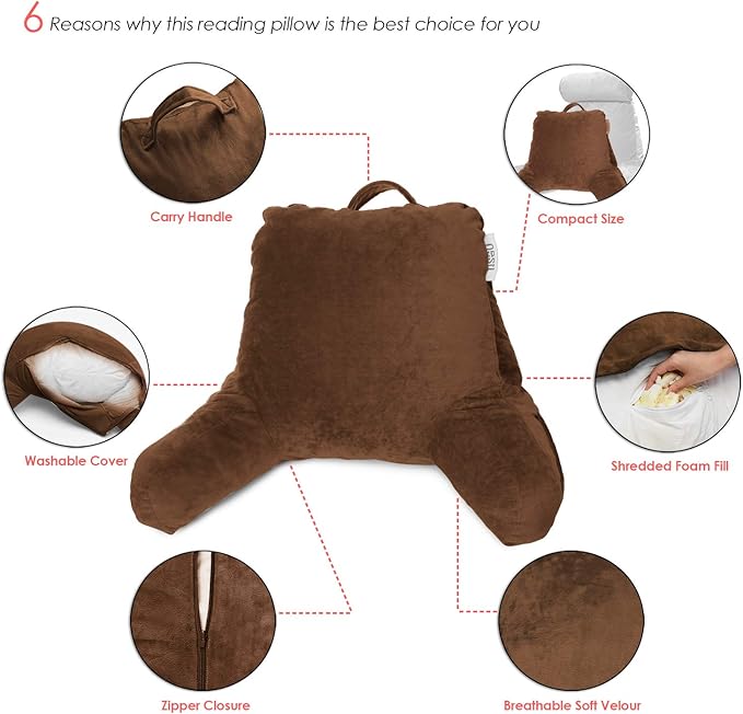 Nestl Reading Pillow for Kids, Small Bed Pillow, Back Pillow for Sitting in Bed, Memory Foam Chair Pillow, Reading & Bed Rest Pillows, Chocolate Brown Back Pillow for Bed, Arm Pillow with Pockets