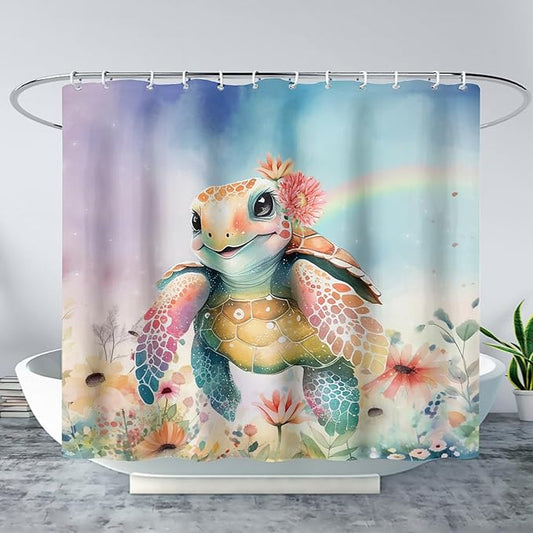 AILONEN Kawaii Sea Turtle Shower Curtain,Tie Die Ocean Animal Themed Bath Curtain Cloth Fabric Bathroom 72" W*72" H Inch,12 Pack Hooks for Kids Child Cute Watercolor Sea Animal Bathroom Curtain