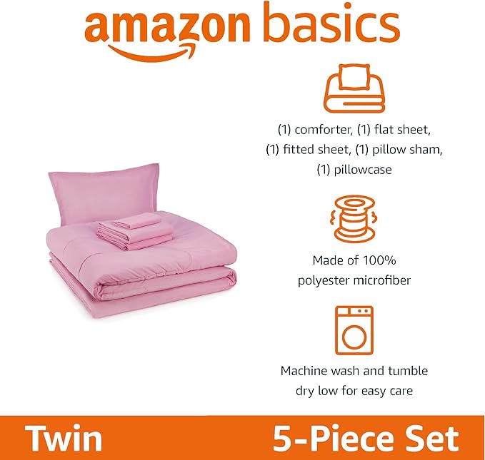 Amazon Basics 5 Piece Microfiber Kid's Bed-in-a-Bag Bedding Set, Twin, Pink, Solid