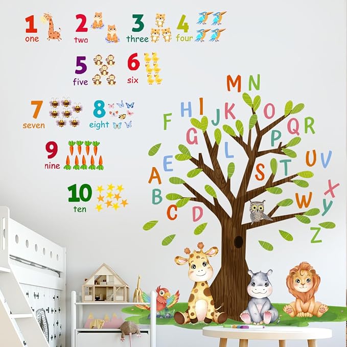 Kids Nursery Wall Decals, Alphabet Letters and Numbers, Animals Wall Stickers for Kids Room Decor