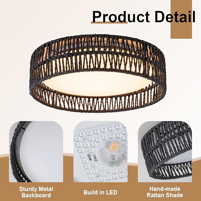 SineRise 12" Flush Mount Ceiling Light,25W LED Rattan Ceiling Light Fixture,Dimmable Handmade Boho Light Fixtures with Rattan,Farmhouse Lighting Fixtures Ceiling for Hallway Kitchen Bedroom(Black)