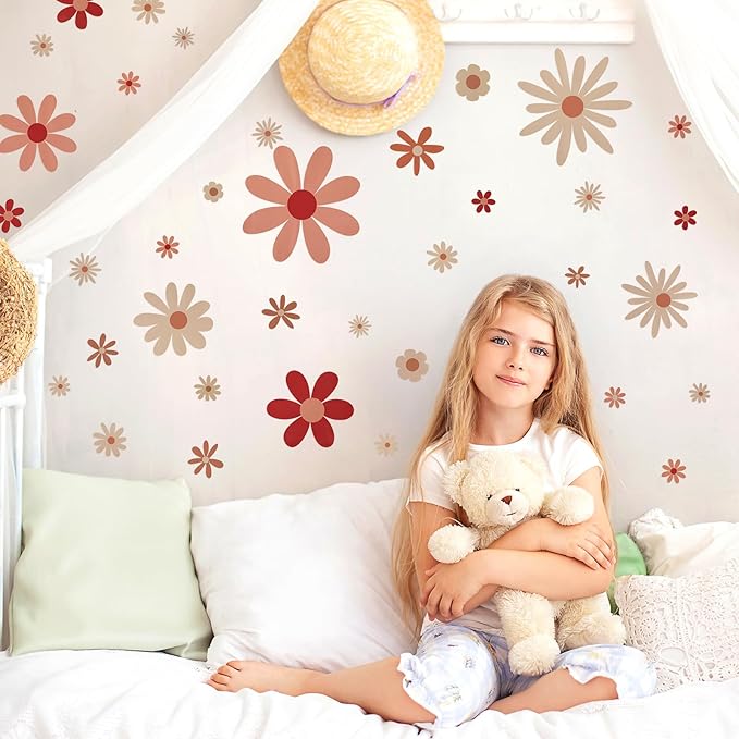 40pcs Daisy Wall Decals Boho Cute Vinyl Wall Decor Peel and Stick Floral Stickers for Girls Kids Nursery Bedroom Playroom Classroom Living Room Wall Art (4 Sheets, Classic)
