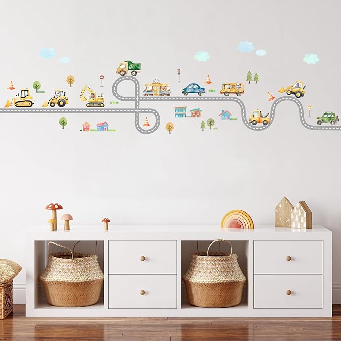 Kids Car Road Wall Decals Truck Pictures for Toddler Walls 43PCS Transports and Road Wall Stickers Wallpaper Peel and Stick Daycare Traffic Signal Wall Art Excavator Wall Decal for Playroom Nursery