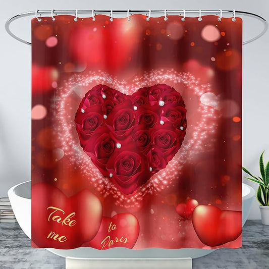 AILONEN Red Rose Hearts Printed Shower Curtain,Romantic Rose Lover Couple Bath Curtain,Fantasy Love Hearts Red Curtain for Bathroom Decor 72" W x 78" H,Waterproof