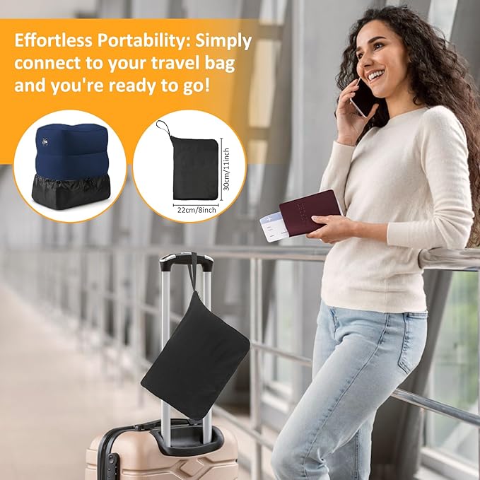 Inflatable Foot Rest Pillow for Travel - Adjustable Height Flight Foot Rest with Eye Mask and Earplugs for Kids & Adults on Airplane, Car, Train, Office, and Home (Blue, 2 PCS)