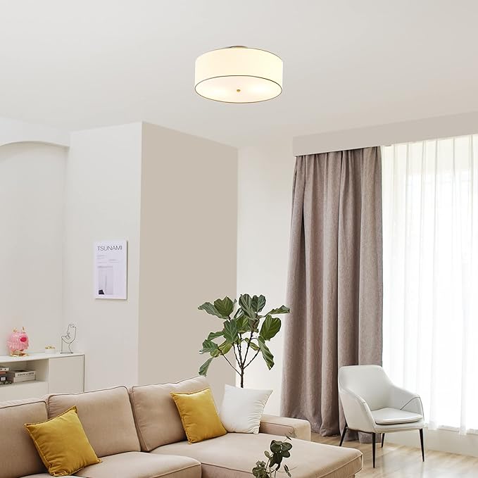 Globe Electric 60998 2-Light Flush Mount Ceiling Light, Matte Brass, White Linen Shade, Kitchen, Lights, Bathroom, Home Essentials, Bedroom, Closet Light, Lighting Fixtures, Dining Room