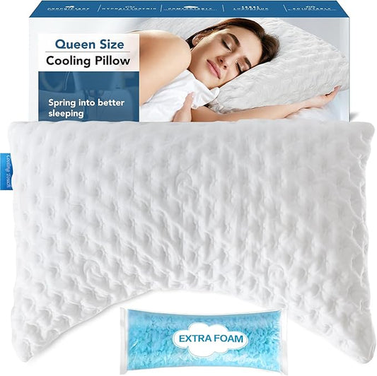 Cooling Side Sleeper Pillow for Neck and Shoulder Pain, Adjustable Shredded Memory Foam Bed Pillows for Sleeping, Ergonomic Curved Pillow with Extra Foam, Queen Size, Hypoallergenic Washable Cover