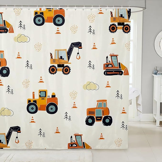 Feelyou Excavator Bathroom Shower Curtain Set Construction Vehicles Boys Girls Bath Curtain Cartoon Car Shower Curtain Equipment Trucks Kids Bathroom Accessories 72"x78"