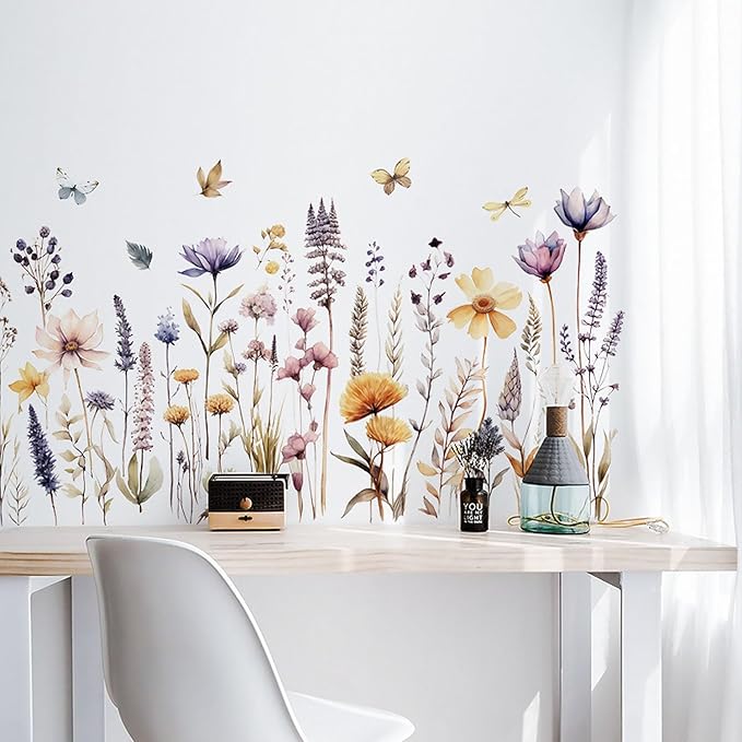 Garden Flower Wall Art Decals Pastel Flowers Wall Corner Stickers Floral Baseboard Skirting Line Corner Stickers for Girls Bedroom Living Room Kids Wall Decor