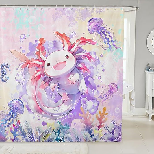 Feelyou Boys Girls Cute Axolotl Bathroom Shower Curtain Set Ocean Sealife Bath Curtain for Cartoon Salamander Shower Curtain Kids Kawaii Teens Bathroom Accessories Room Decor 72"x84"