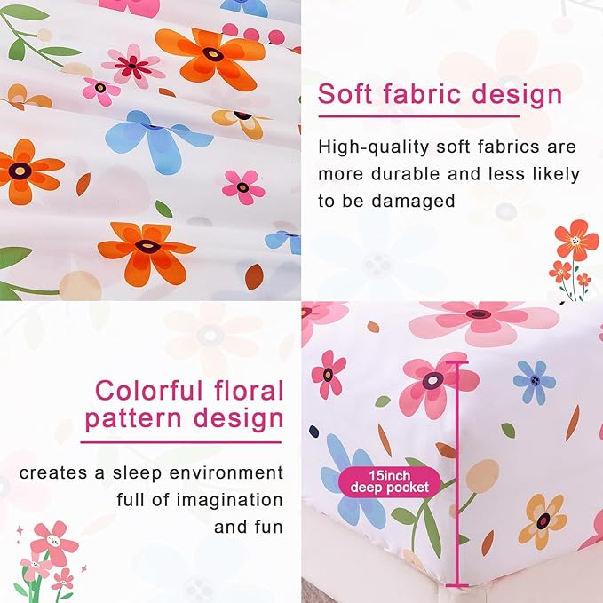 Full Size Bed Sheets Set White Colorful Floral Bed Sheets Girls Cute Microfiber Cooling Sheets 4pcs Kids Full Bed Set Wrinkle Free, 15 inch Deep Pocket Fitted Sheet, Flat Sheet, Pillowcases
