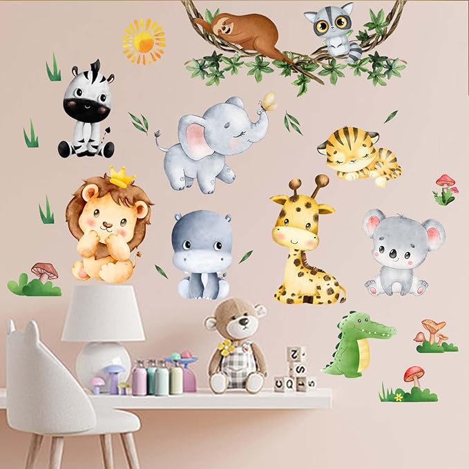 Jungle Baby Animals Wall Stickers - Elephant Lion Tiger Giraffe Wall Decals - Nursery Kids Girls Boys Room Daycare Playroom Classroom Wall Decor