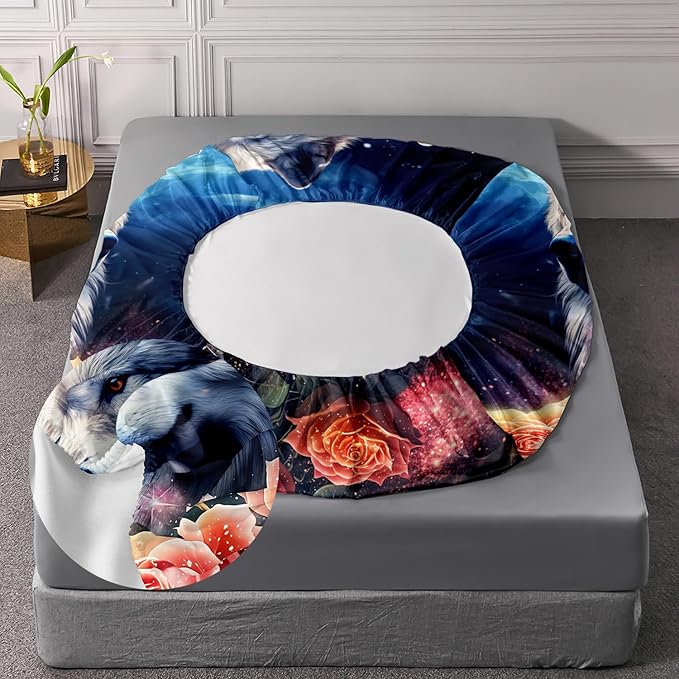 AILONEN Wolf Fitted Sheet Set Full Size, Red Floral Flower and Wolves Animals Bed Sheet Set,3 Pieces Safari Wolf Bed Sheet Set for Boys Girls,1 Fitted Sheet with 2 Pillowcases