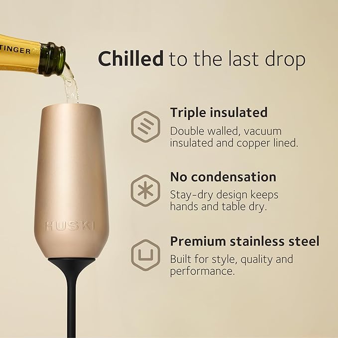 Huski Champagne Flute | NEW | Premium Stainless Steel Champagne Glass with Lid | Go Stemmed or Stemless with Detachable Stem | Triple Insulated Tumbler | 8oz Capacity | Great Gift (Stone Grey)