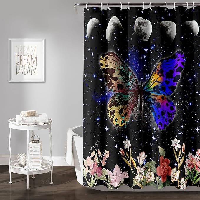 AILONEN Colorful Moth Shower Curtain,Sun and Moon Shower Curtain Set for Kids Girls Boys,Boho Natural Flowers Bath Curtain,Starry Night Bathroom Decor Shower Curtain with 12 Hooks,72" W*84" H