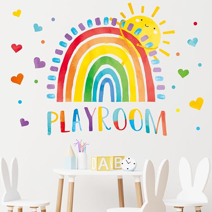 Mfault Playroom Rainbow Wall Decals Stickers, Watercolor Sun Love Hearts Nursery Decorations Kids Bedroom Art, Neutral Toddler Boy Girl Baby Living Room Classroom Decor