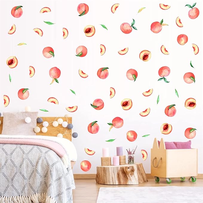 Peach Wall Decals Fruit Wall Stickers Peel and Stick Boho Wall Decals Fruit Leaf Wall Decals Kitchen Wall Stickers Cute Fruit Wall Decals for Nursery Bedroom Kids Room Kitchen Decor