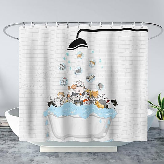AILONEN Cute Cats Shower Curtain Raining for Kids 60" W*72" H Inch,Kawaii Hilarious Pet Playing Water Shower Curtain,12 Pack Hooks Polyester Waterproof Fabric Decor for Bathroom Bathtub Panels