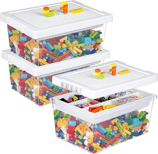 loobuu Plastic Storage Bins with Lids - 3 Set Stackable Arts Crafts Organizer Box with Removable Divided Tray &Compatible Building Baseplate,Toy Chest Containers for Bricks -White