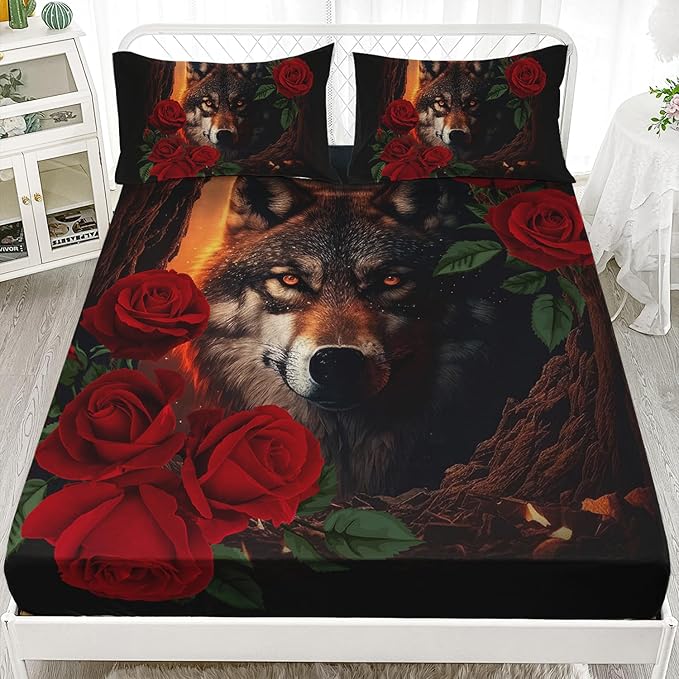 AILONEN Girls Wolf Fitted Sheet Set Queen Size, 3 Pieces Bedding Set Red Rose Wolf Sheet Set for Women Teen Kids,Wildlife Bed Sheet Set Wolf Fitted Sheet with 2 Pillowcases