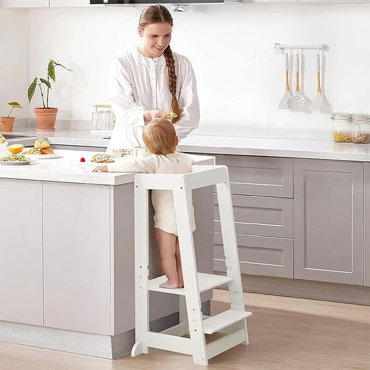 Kids Kitchen Step Stool, Step Stool for Toddlers, Adjustable Height Toddler Standing Tower, Anti-Slip Protection with guardrail, The Anti-Tipping Structure is More Stable (White)