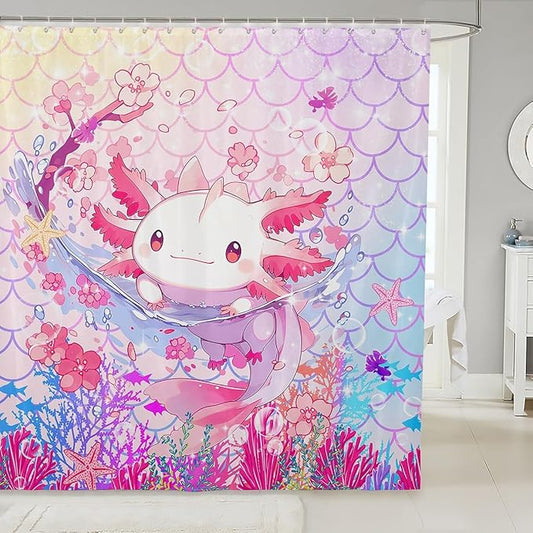 Feelyou Boys Girls Cute Axolotl Bathroom Shower Curtain Set Ocean Sealife Bath Curtain Kawaii Shower Curtain Kids Cartoon Salamander Teens Bathroom Accessories Room Decor 72"x78"