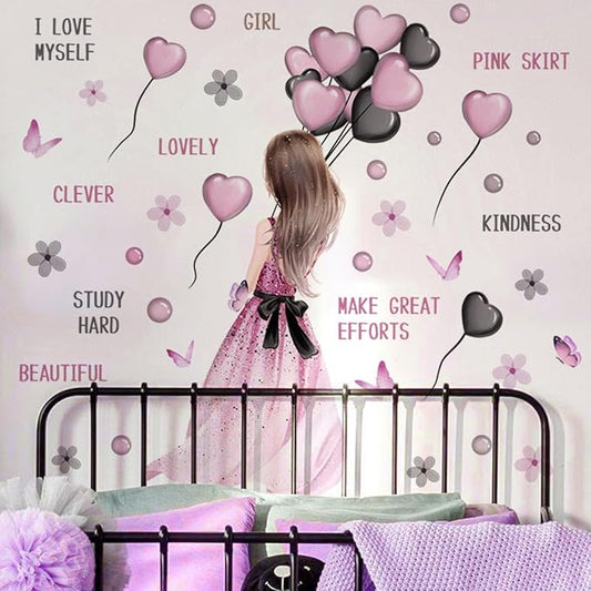 Girly Wall Decals - Pink Dress & Balloons Design, 90cm x 35.43cm, Perfect for Kids' Room