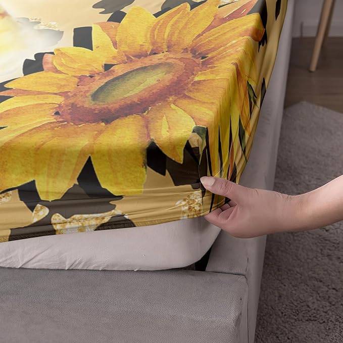 AILONEN Leopard Fitted Sheet Set for Boys, 3 Pieces Full Yellow Sunflower and Animal Cheetah Leopard Printed Fitted Sheet Set for Kids Adults,1 Fitted Sheet with 2 Pillowcases