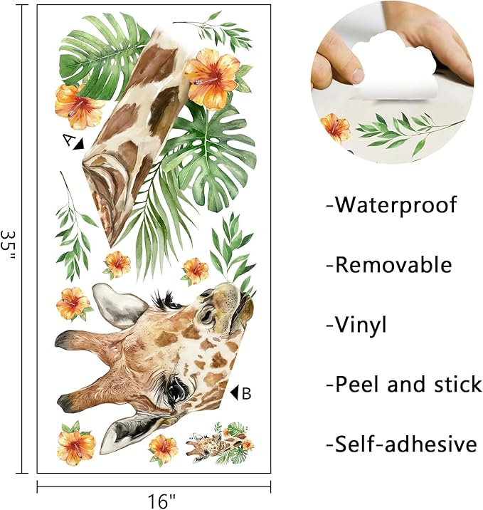 Mfault Safari Giraffe Wall Decals Stickers, Jungle Animal Palm Leaves Hibiscus Nursery Decorations Bedroom Art, Tropical Plant Woodland Neutral Toddlers Kids Baby Room Playroom Decor