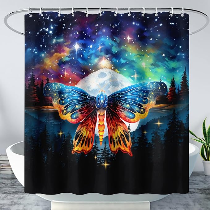 AILONEN Colorful Moth Shower Curtain,Galaxy Moon Moth Bath Curtain for Bathroom Decor,Polyester Waterproof with 12 Plastic Hooks 72" W*78" H