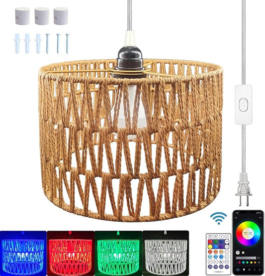 Hanging Lamp Plug in Rattan Hanging Lights with Plug in Cord, Woven Pendant Light with Smart RGB Bulb and Remote Control for Bedroom Living Room Farmhouse Kitchen (Rattan, Barrel Shade)