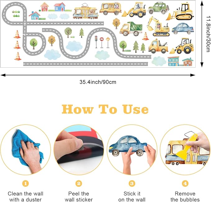 Kids Car Road Wall Decals Truck Pictures for Toddler Walls 43PCS Transports and Road Wall Stickers Wallpaper Peel and Stick Daycare Traffic Signal Wall Art Excavator Wall Decal for Playroom Nursery