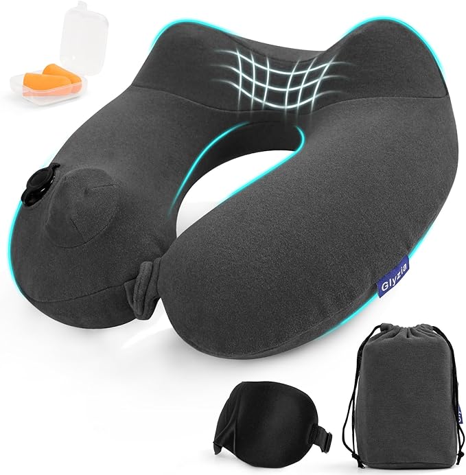 Inflatable Travel Neck Pillow for Airplane, 360° Head Support Velvet Adult Neck Pillow for Long Flight, Removable Washable Cover, Kit with Eye Masks, Earplugs & Storage Bag, Grey