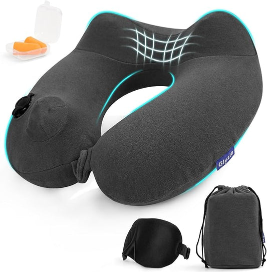 Inflatable Travel Neck Pillow for Airplane, 360° Head Support Velvet Adult Neck Pillow for Long Flight, Removable Washable Cover, Kit with Eye Masks, Earplugs & Storage Bag, Grey