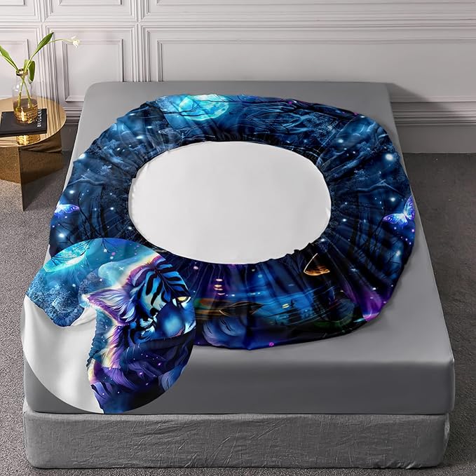 AILONEN Tiger Fitted Sheet Set Queen Size, Fairy Starry Forest Cute Tiger Sheet Wildlife Bed Sheet Set,3 Pieces Printed Fitted Sheet with 2 Pillowcases