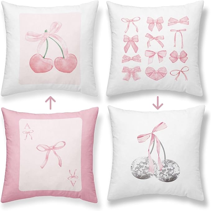 Pink Coquette Preppy Bedding Throw Pillow Covers, Preppy Trendy Aesthetic Cute Room Decor Pillows Cases, Pink Bow Cherry Disco Ball Pillowcases for Teen Sofa Dorm Girls Bedroom, 18x18 Set of 2