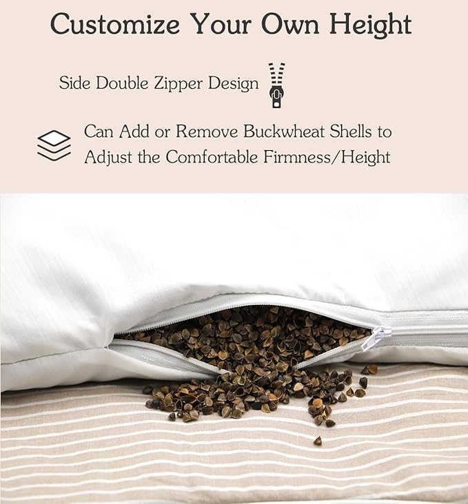 Adjustable Firmness Buckwheat Pillow, Neck Support Buckwheat Pillows for Sleeping with Buckwheat Hulls and Cotton Cover for Back Side Sleepers, as Meditation Cushion, Khaki 20"X12"