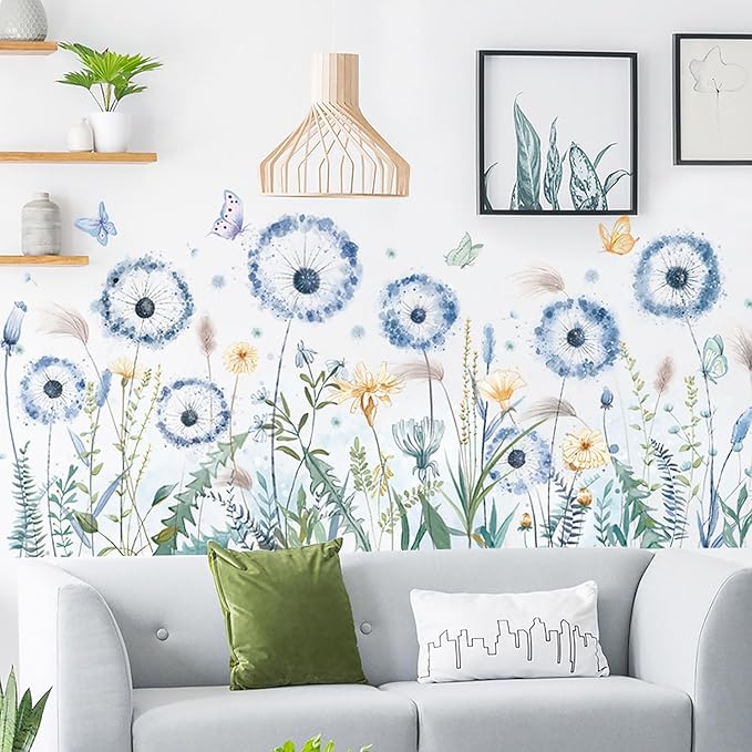 Large Blue Dandelion Wall Stickers Attractive Flying Flower Butterfly Wall Decals Bedroom Office Bathroom Living Room Floral Wall Decals Removable Wall Art Decoration Peel and Stick Room Wall Decor