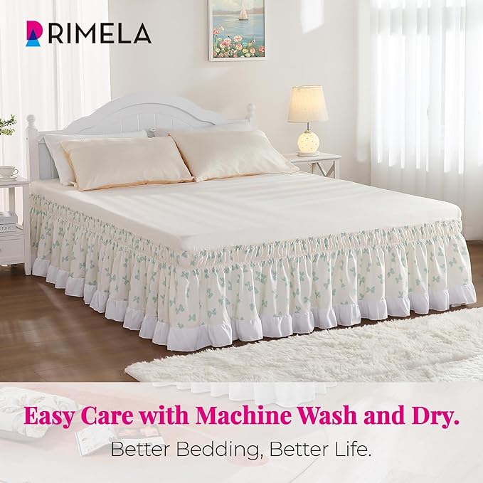 RIMELA White Elastic Bed Skirt King Szie 16 inch Drop, Cal King Bedskirt Easy to Put On, Solid Wrap Around Dust Ruffle, Fade Resistant Silky Fabric Machine Washable