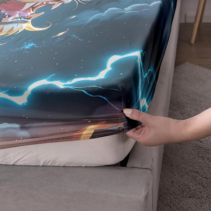 AILONEN Boys Lion Fitted Sheet Set Queen Size, Safari Animal Lion Blue Lightning 3 Pieces Printed Kids Bed Sheet Set,Wildlife Fitted Sheet with 2 Pillowcases