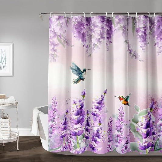 AILONEN Waterproof Floral Shower Curtain for Bathroom,Purple Pink Wisteria Lavender Flowers Shower Curtain,Botanical Floral Decor Bathroom Polyester with Grommets and Hooks 48" W*72" H