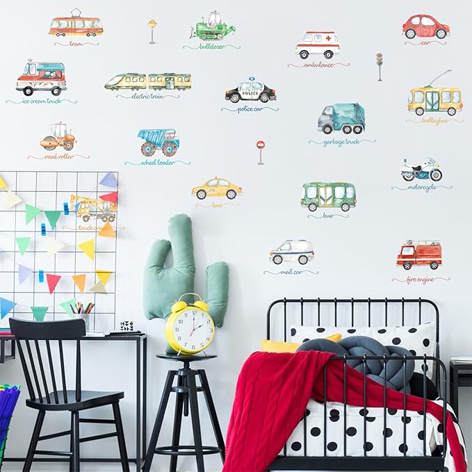 Wall Stickers Car for Boys Room Straight Roadway Wall Decals 38pcs Cartoon Cars Interior Stickers Toddler Travel Essentials for Car Trip Decalmile Vehicle Truck Stickers for Boy Bedroom Nursery
