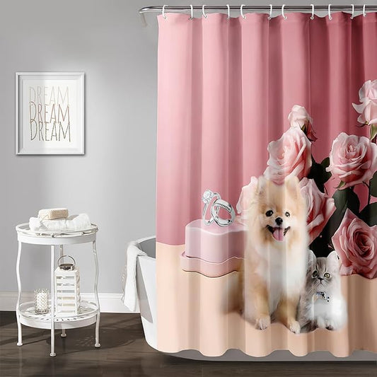 AILONEN Girls Pink Shower Curtain for Bathroom, Rose Flower and Cute Kawaii Dog Cat Pattern Bathroom Decor 48" W*72" H Bath Curtain Polyester Waterproof Shower Curtain with 12 Hooks