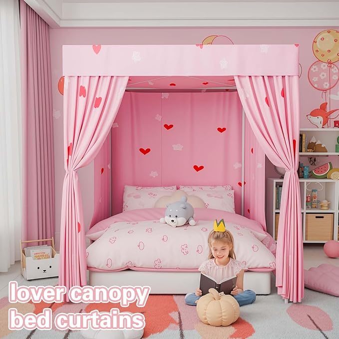 Love Canopy Bed Curtains - 4 Corner Post Bed Curtains Canopy Queen Bed Canopy Curtains for Children Girls Bedroom Decoration(Love, Queen)